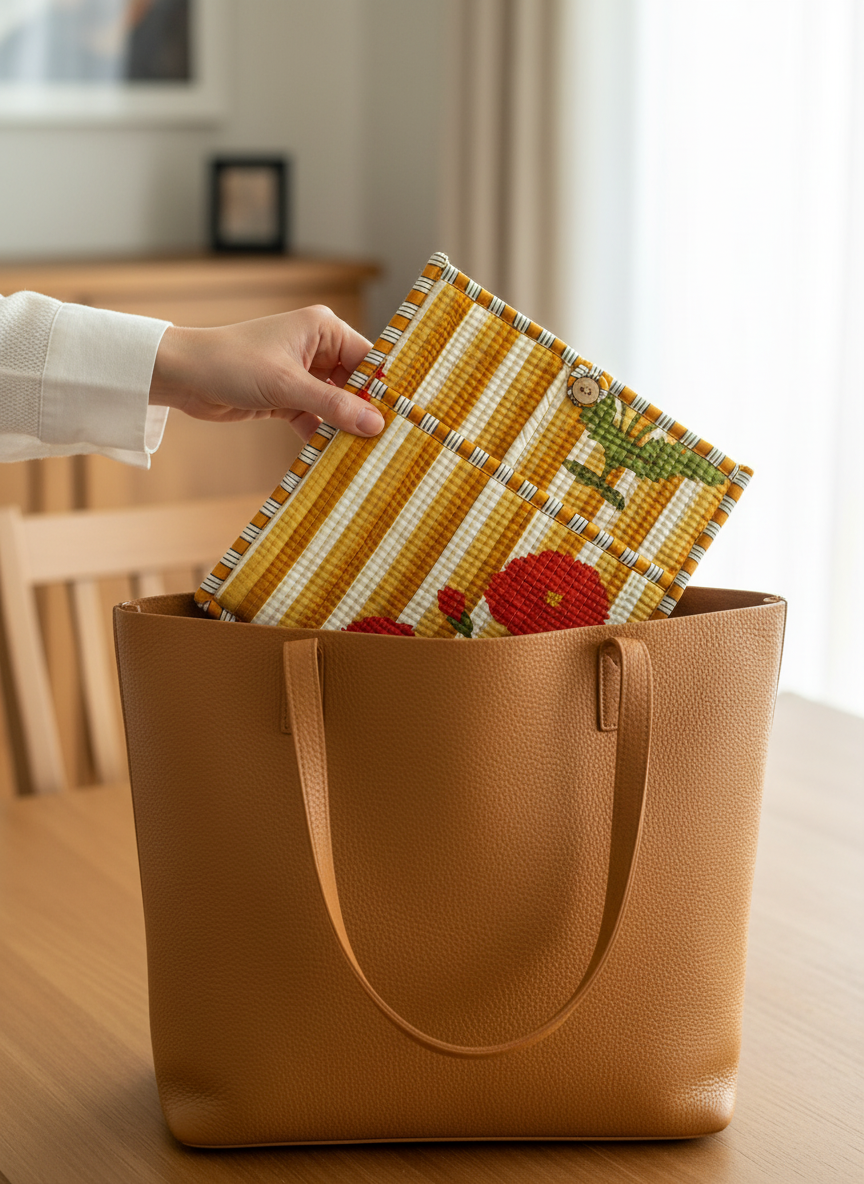 Pochette de tablette / liseuse – 22 × 26 cm – Motif textile Rouge Orange jaune