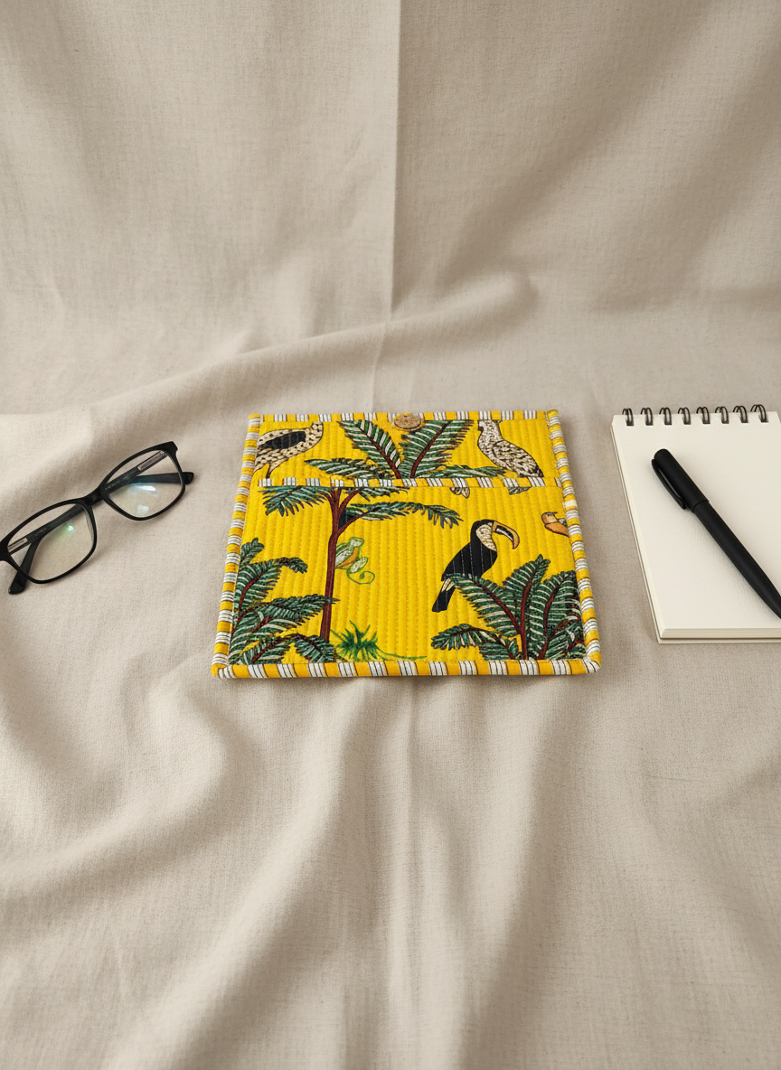 Pochette de tablette / liseuse – 22 × 26 cm – Motif textile Jaune