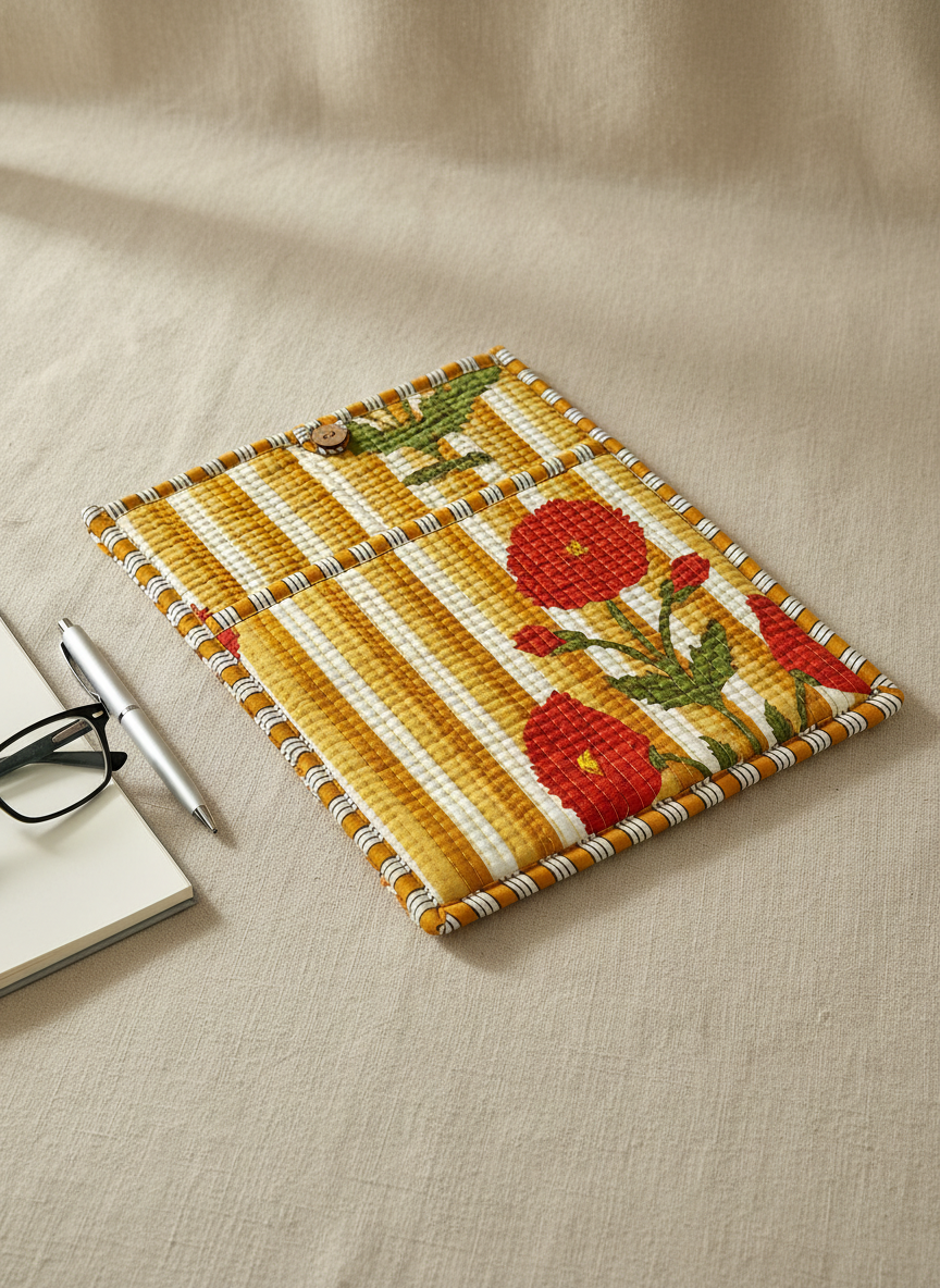 Pochette de tablette / liseuse – 22 × 26 cm – Motif textile Rouge Orange jaune