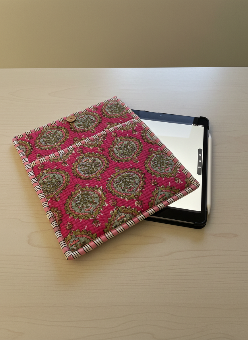 Pochette de tablette / liseuse – 22 × 26 cm – Motif textile rose