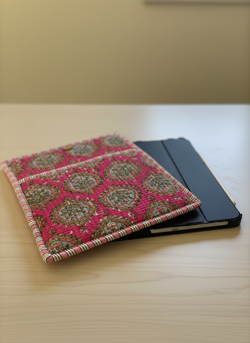 Pochette de tablette / liseuse – 22 × 26 cm – Motif textile rose