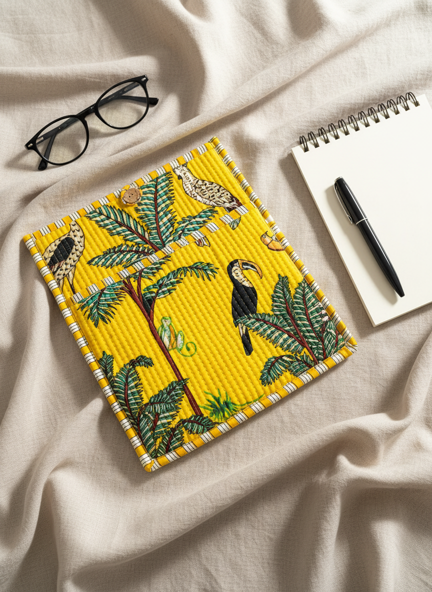 Pochette de tablette / liseuse – 22 × 26 cm – Motif textile Jaune
