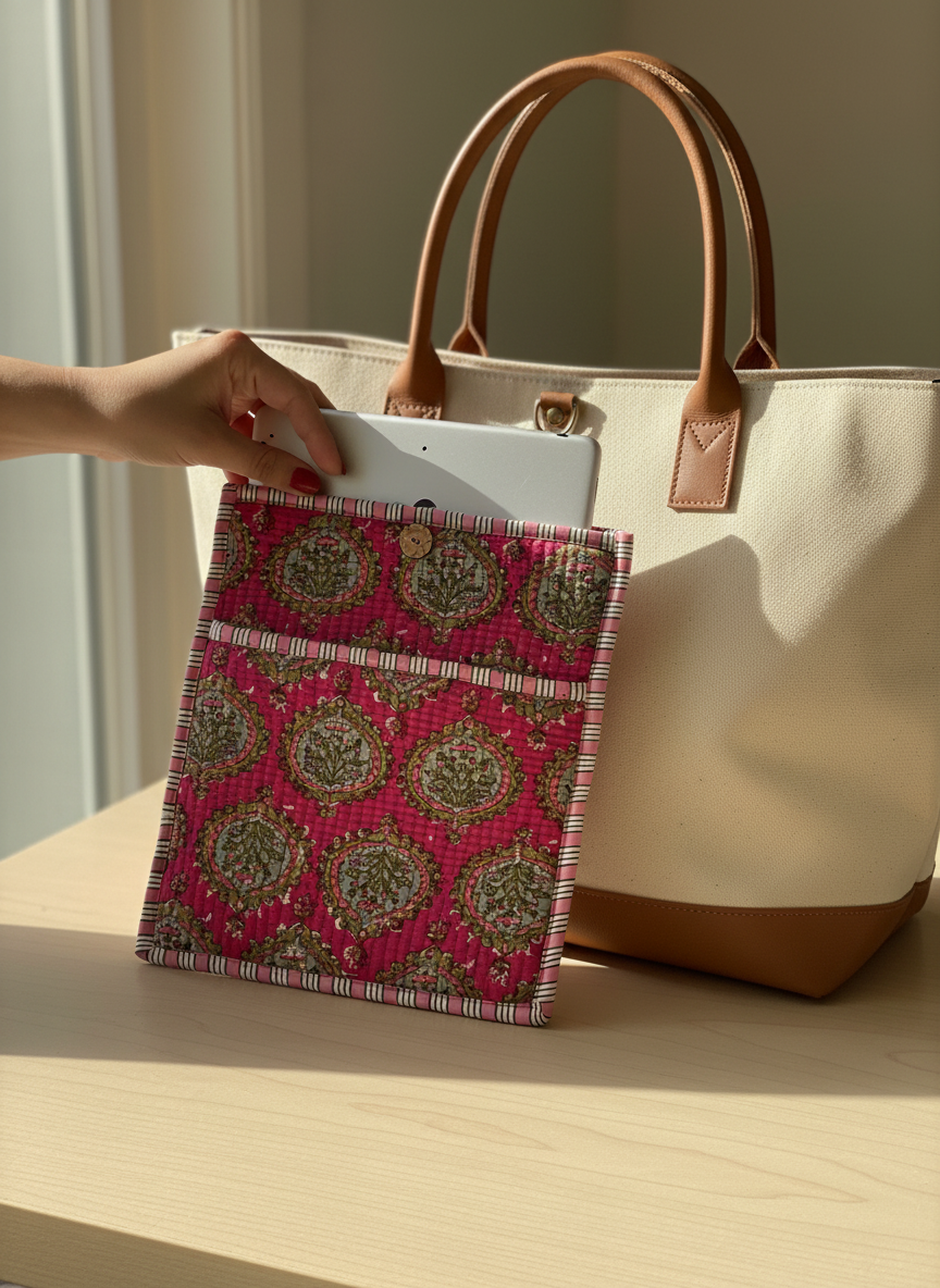 Pochette de tablette / liseuse – 22 × 26 cm – Motif textile rose