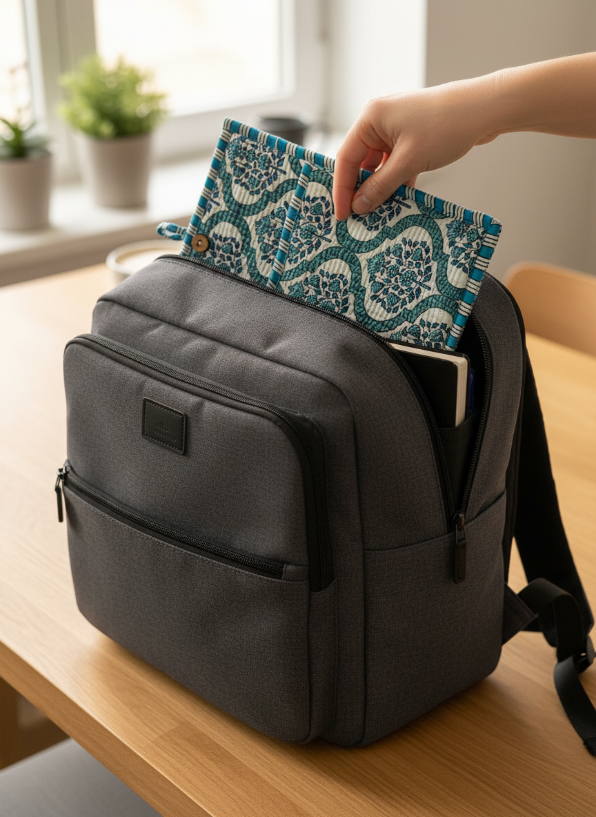 Pochette de tablette / liseuse – 22 × 26 cm – Motif textile bleu