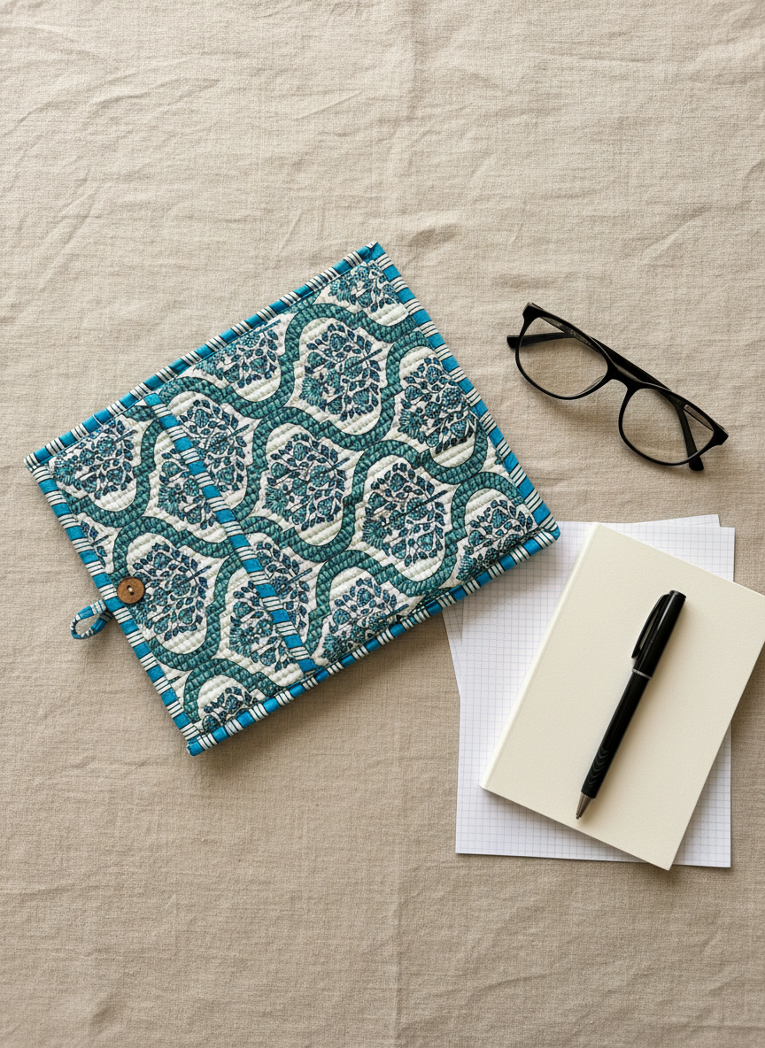 Pochette de tablette / liseuse – 22 × 26 cm – Motif textile bleu