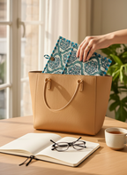 Pochette de tablette / liseuse – 22 × 26 cm – Motif textile bleu