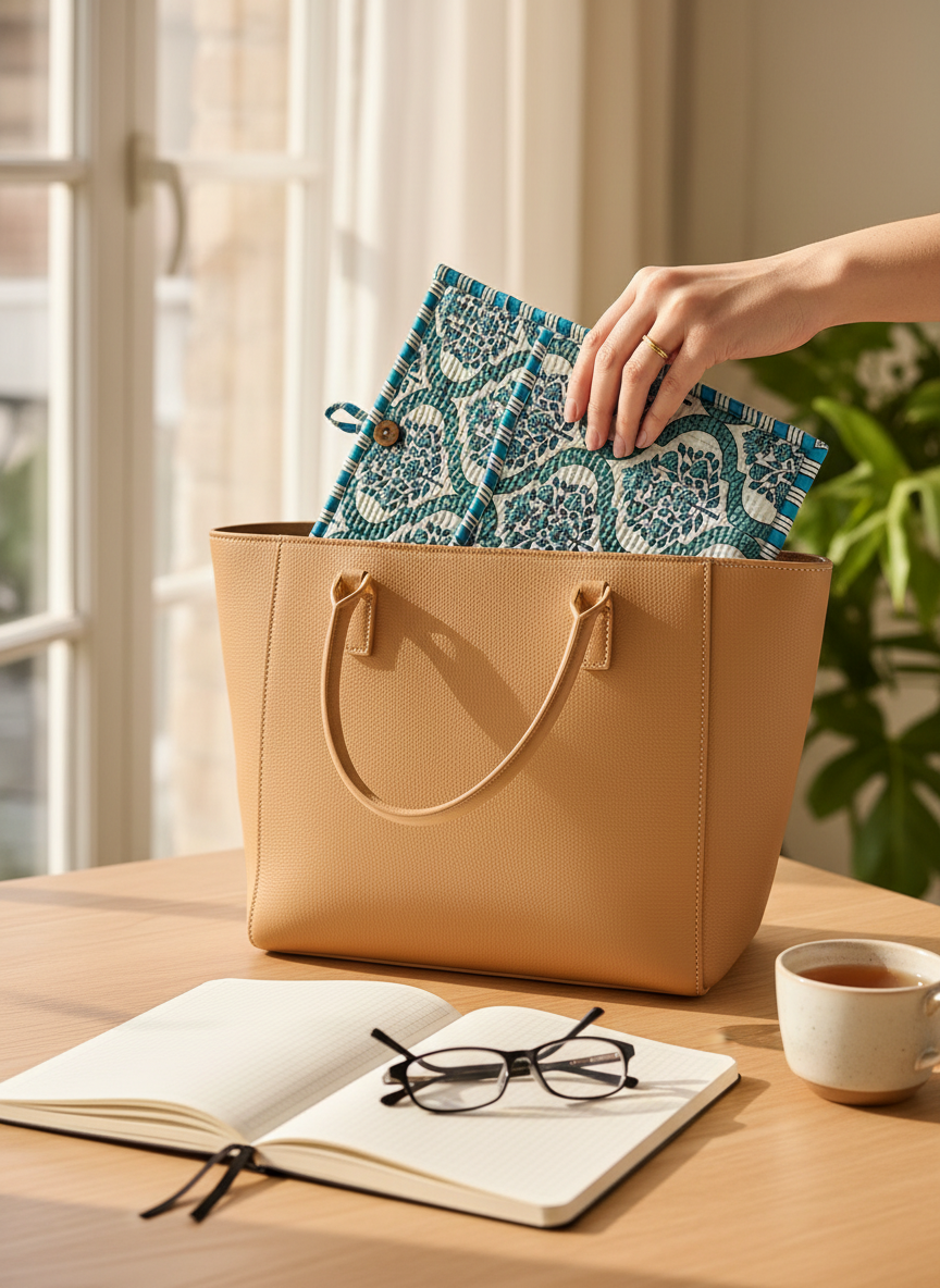 Pochette de tablette / liseuse – 22 × 26 cm – Motif textile bleu