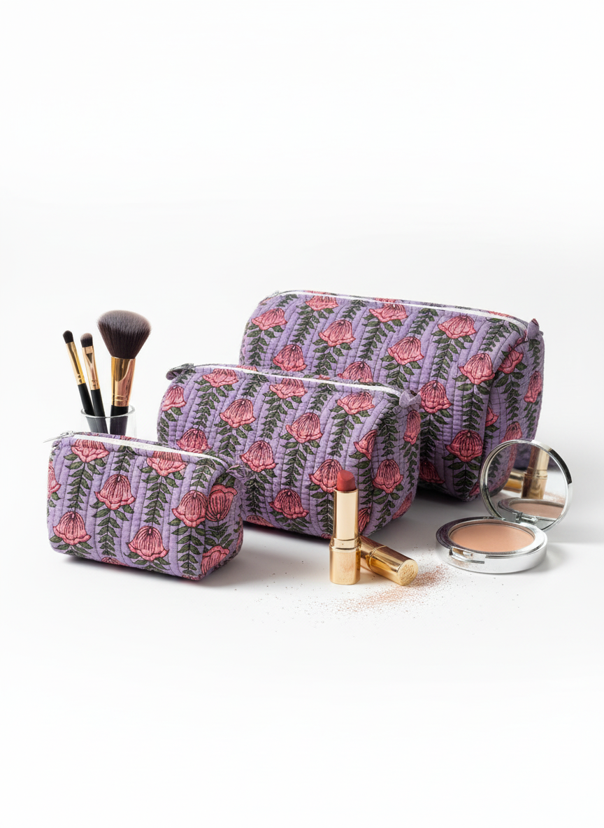 Kit 3 trousses de différentes tailles Violet et Rose – Design Fleurs