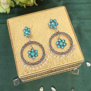 Boucle d'oreille oxydée de couleur bleu turauoise  argent