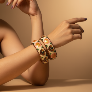 Bracelet peint à la main, bracelet rigide émaillé – Élégance dorée et esprit ethnique