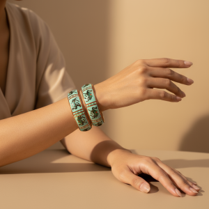 Bracelet peint à la main, bracelet rigide émaillé – Élégance dorée et esprit ethnique