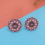 Boucles d’oreilles argent oxydé au gemmes rose