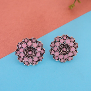 Boucles d’oreilles argent oxydé au gemmes rose