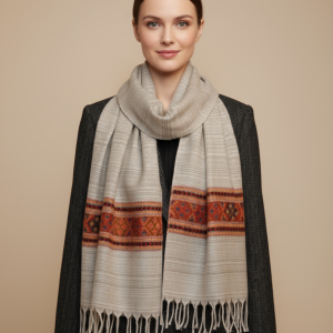 Écharpe en Laine de Yak, Motifs Ethniques et Franges Style Chaleureux et Confortable Accessoire Élégant 200x31 cm