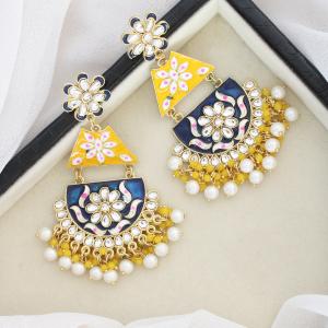 Boucles d'oreilles peinte a la main de couleur bleu marine et jaune